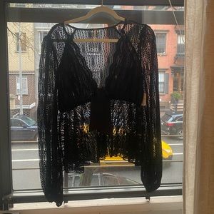 Free People Black Lace Tie Front Blouse Unlined Size Small NWT